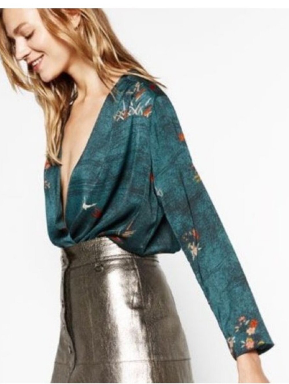 NWT Zara Deep Teal Floral Long-Sleeve One-Piece